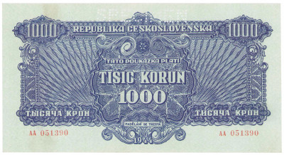 Czechosłowacja. SPECIMEN 1.000 koron 1944, seria AA