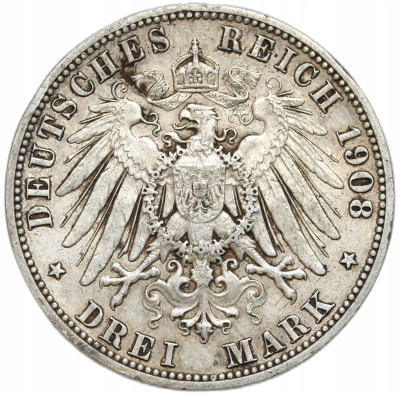 Niemcy, Prusy. Wilhelm II. 3 marki 1908 A, Berlin – SREBRO