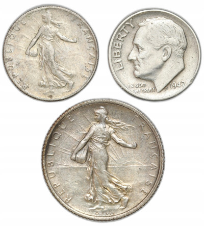 USA. 10 centów 1947, Francja frank i 50 centów 1917 SREBRO
