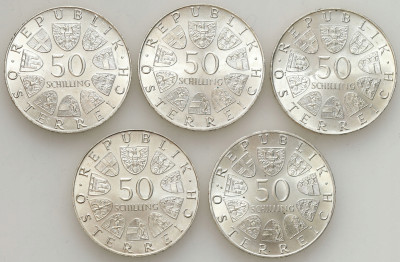 Austria. 50 szylingów 1972-1974, 5 szt. – SREBRO