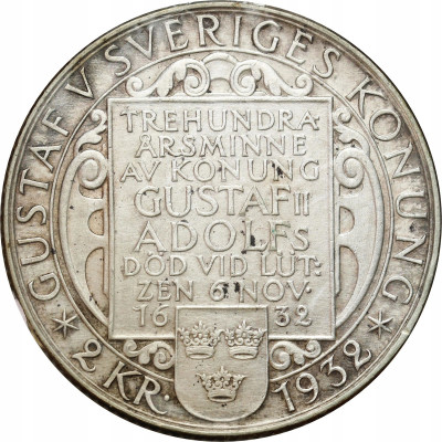 Szwecja. 2 korony 1932 300. rocznica śmierci Gustawa II Adolfa – SREBRO