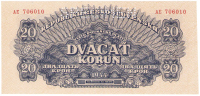 Czechosłowacja. SPECIMEN 20 koron 1944