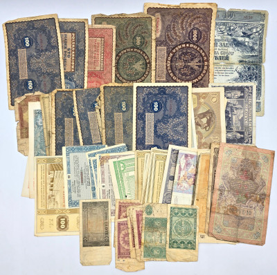Banknoty, bony, zestaw 54 sztuk