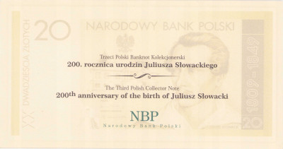 Banknot 20 złotych 2009 Juliusz Słowacki