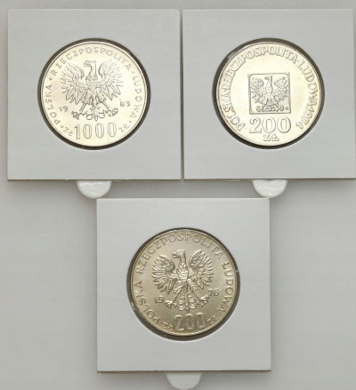 PRL. 200 – 1.000 złotych 1974-1983 Mapka, Igrzyska, Papież. SREBRO – 3 szt