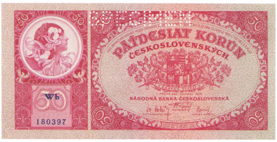 Czechosłowacja. SPECIMEN 50 koron 1929 seria Wb