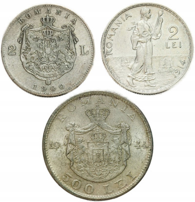 Rumunia. 2 i 500 lei 1900–1944 SREBRO - 3 szt