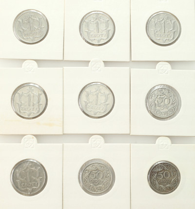II RP. 50 groszy 1923 i 1 złoty 1929, zestaw 9 sztuk