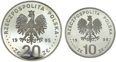 10 – 20 złotych 1995 i 1998 Fieldorf, Bitwa Warszawska, SREBRO – 2 szt