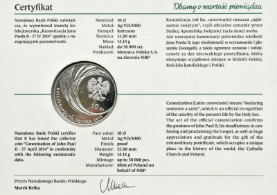 10 złotych 2014 Kanonizacja Jana Pawła II – KOLOR