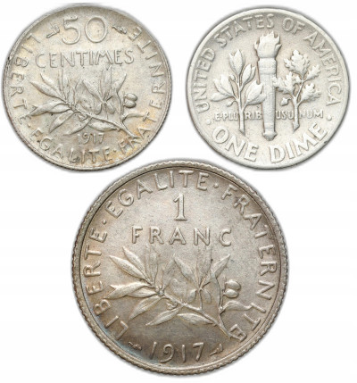 USA. 10 centów 1947, Francja frank i 50 centów 1917 SREBRO