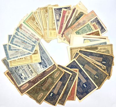 Banknoty, bony, zestaw 54 sztuk