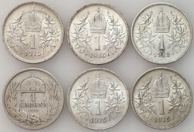 Austria, Węgry. 1 korona 1893-1916, SREBRO – 6 szt
