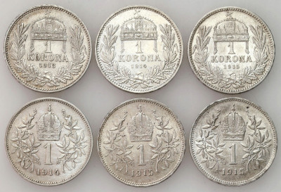 Austria, Węgry. 1 korona 1913-1915, SREBRO – 6 szt