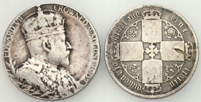 Wielka Brytania. 2 szylingi (floren) 1873 i medal koronacyjny, SREBRO 2 szt