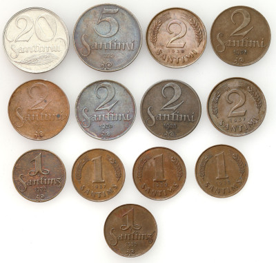Łotwa. 1 do 20 centów 1922-1939, zestaw 13 monet