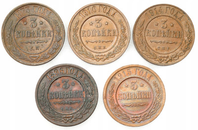 Rosja. 3 kopiejki 1873 do 1915, zestaw 5 sztuk