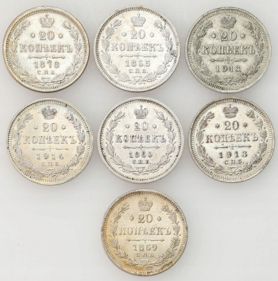 Rosja. 20 kopiejek 1865-1916, zestaw 7 sztuk