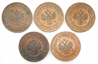 Rosja. 3 kopiejki 1873 do 1915, zestaw 5 sztuk