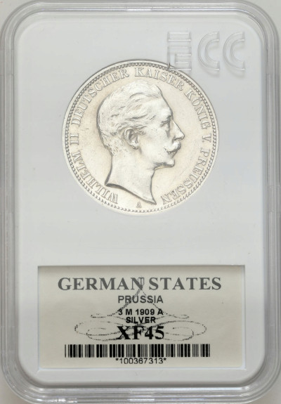 Niemcy, Prusy. Wilhelm II. 3 marki 1909 A, Berlin – SREBRO