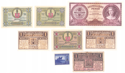 Banknoty i notgeldy, zestaw 8 sztuk