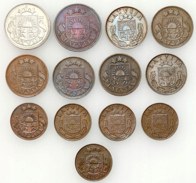 Łotwa. 1 do 20 centów 1922-1939, zestaw 13 monet