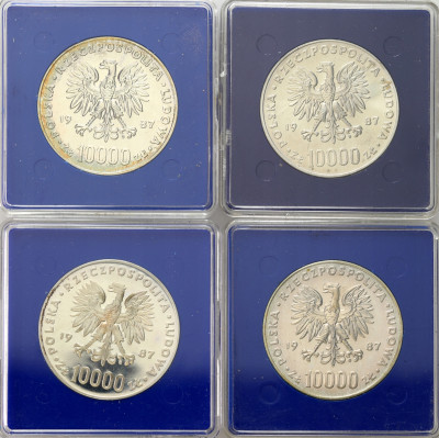 PRL. 10.000 złotych 1987 Jan Paweł II, zestaw 4 sztuk - SREBRO