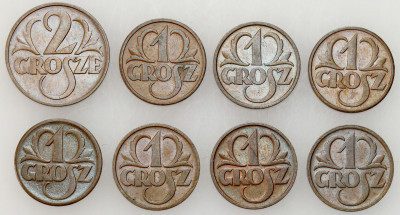 II RP. 1 do 2 groszy 1937-1939, 8 sztuk – ŁADNE