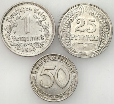 Niemcy. 25 fenigów do 1 marki 1910-1934, zestaw 3 monet