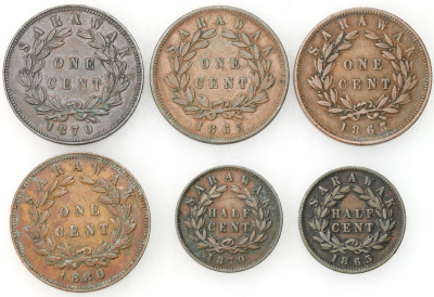 Malezja. 1/2 i 1 cent 1863-1880, zestaw 6 sztuk