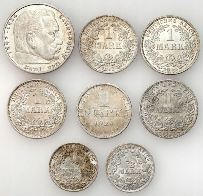 Niemcy. 1/2 narki do 5 marek 1901-1939, zestaw 8 monet SREBRO