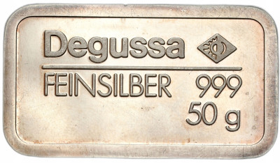Niemcy, Franfurt. Sztabka Degussa – 50 g SREBRO 999
