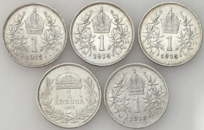 Austria, Węgry. 1 korona 1893-1915, SREBRO – 5 szt