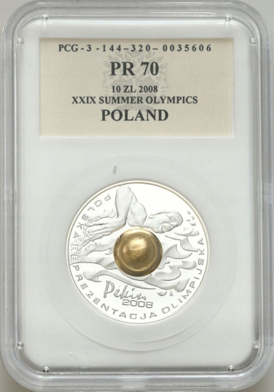 10 złotych 2008 Pekin kula, PCG PR 70 – SREBRO