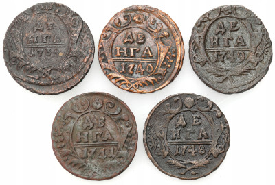 Rosja. Denga 1734-1749, zestaw 5 sztuk