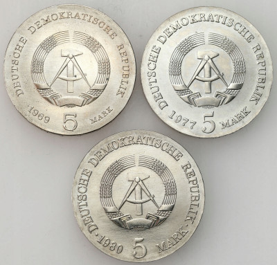Niemcy, RFN. 5 marek 1969, 1977, 1980, zestaw 3 monet