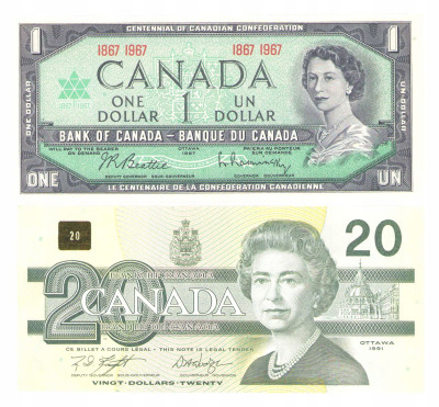 Kanada. Elżbieta II. 1 i 20 dolarów 1967 i 1991 – 2 szt
