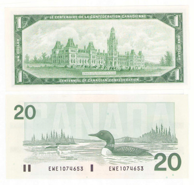 Kanada. Elżbieta II. 1 i 20 dolarów 1967 i 1991 – 2 szt