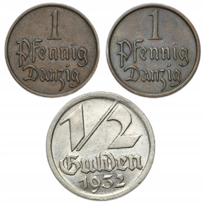 Wolne Miasto Gdańsk/Danzig. 1 fenig i 1/2 guldena 1923-1937 – 3 szt