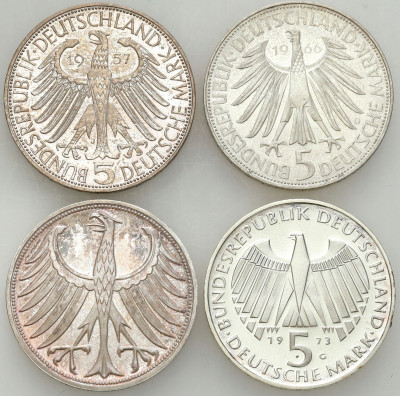 Niemcy. 5 marek 1957-1973 RÓŻNE, 4 szt – SREBRO
