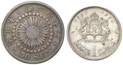 Japonia, Maroko. 50 sen 1907, 1 dirham 1960 – SREBRO