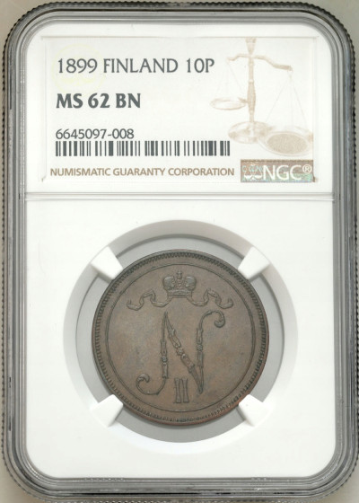 Rosja / Finlandia. Mikołaj II. 10 pennia 1899, Helsinki NGC MS62 BN