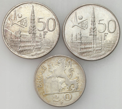 Belgia. 20-50 franków 1949 i 1958, 3 sztuki – SREBRO
