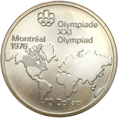 Kanada 10 dolarów 1973 XXI Letnie I. O., Montreal 1976 - Mapa świata SREBRO