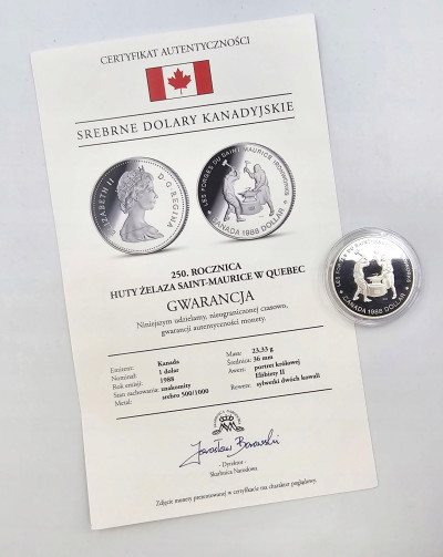 Kanada. 1 dolar 1988, Huta Żelaza w Quebec – SREBRO
