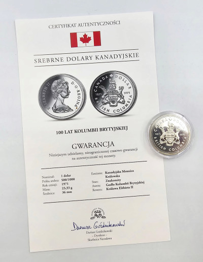 Kanada. 1 dolar 1971, 100 lat Kolumbii Brytyjskiej – SREBRO