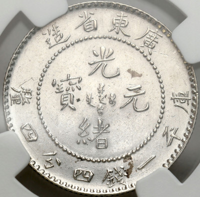 Chiny, Kwang Tung. 20 centów (1 mace i 4,4 kandaryna) 1890 NGC UNC
