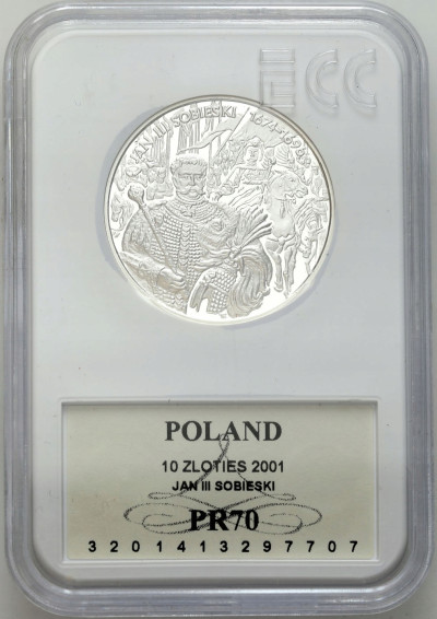 10 złotych 2001 Jan III Sobieski popiersie - GCN PR70 - SREBRO