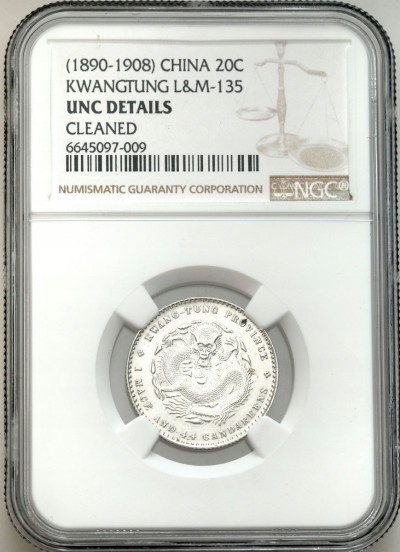 Chiny, Kwang Tung. 20 centów (1 mace i 4,4 kandaryna) 1890 NGC UNC