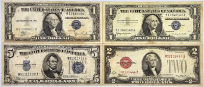 USA. 1-5 dolarów 1928-1957 niebieska i czerwona pieczęć – 4 szt